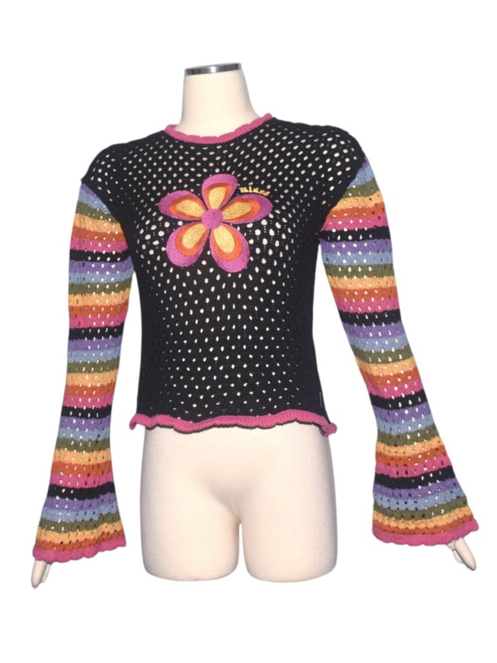 Minga Retro Bea Flower Power Rainbow Knit Jumper Crochet Sweater US 6